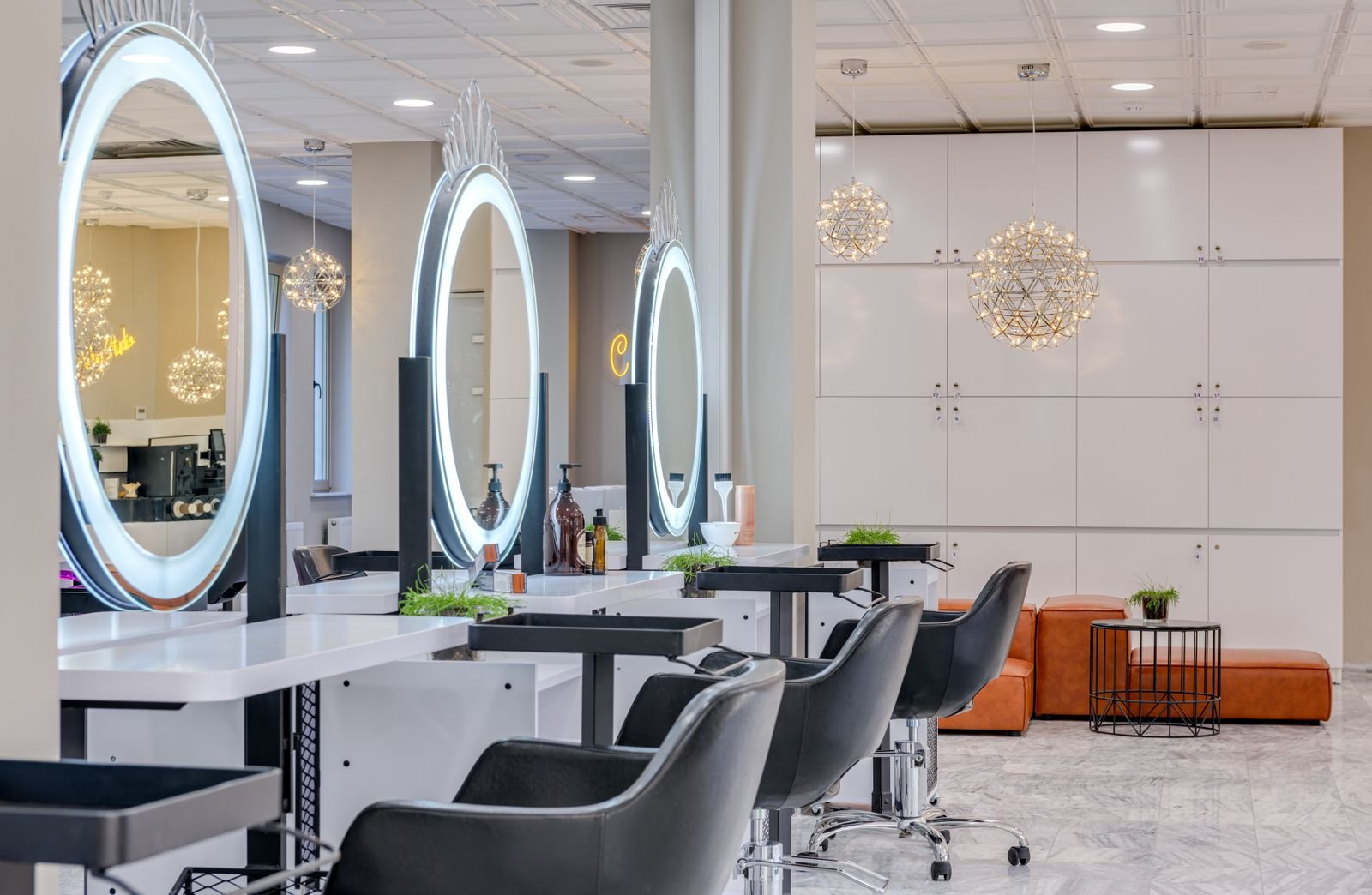 Inside the salon — styling stations and mirrors